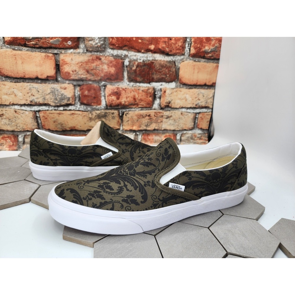 Vans Men's Classic Slip On Skull Tapestry Grape Leaf Olive Canvas Shoes Sz 10.5 - Picture 2 of 6